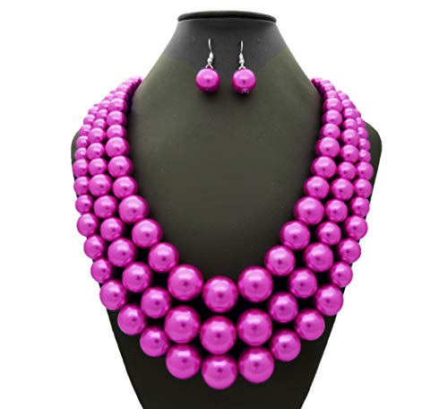 Women's Simulated Faux Three Multi-Strand Pearl Statement Necklace and Earrings Set (Fuchsia)