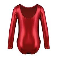 Freebily Kids Girls Metallic Leather Dance Leotard Sport Gymnastics Tank Top Bodysuit Jumpsuit Clothes Performance Costume Long Sleeve Red 5-6