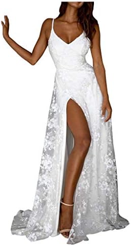 Wedding Dresses,Women's Full Lace V-Neck Backless Dress Bride Wedding Gowns Sexy Slit Maxi Dress Beach Party Dresses