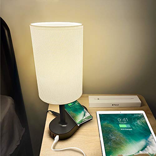 Qi Bedside Lamp COZOO USB Bedside Table & Desk Lamp with 3 USB Charging Ports and Qi Wireless Charging Pad,Black Charger Base with White Fabric Shade, LED Light for Bedroom/Nightstand/Living Room