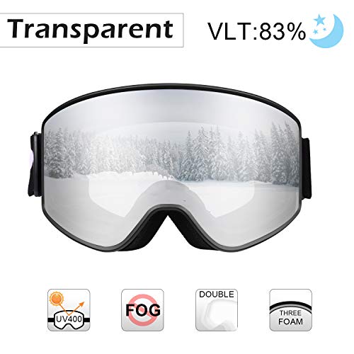 VELAZZIO OTG Ski Goggles, Snowboard Goggles - Double Layer Interchangeable Lens, UV Protection, Anti-Fog, Snow Goggles for Men & Women (Black Frame/Transparent Lens (VLT 83%))