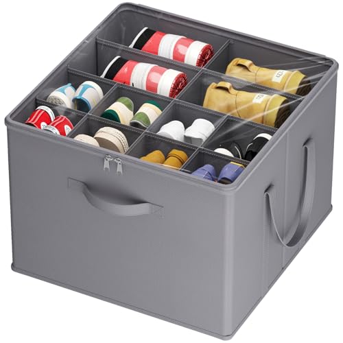 Lifewit Foldable Shoe Closet Organizer, Space-Saving Shoe Boxes with Lid for 12-16 Pairs, Shoes Organizer with Bottom Support and Reinforced Handles, Grey