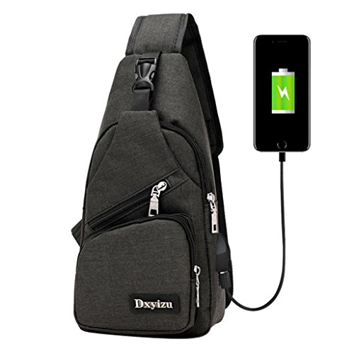 Crossbody Bag,Realdo USB Charging Port Outdoor Sports Casual Canvas Unbalance Backpack Messenger Sling Shoulder Black - Thumbnail 2