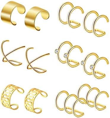 Pinhan 6 Pairs Ear Cuff Set Ear Clips Non-Piercing Earrings Cartilage Hoop Jewelry Accessory for Women Girls Supplies,Gold