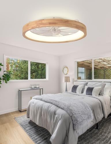 24'' Ceiling Fan with Light Fandelier Flush Mount Low Profile Wood Ceiling Fan with Dimmable LED Light 3 Color 6 Speeds