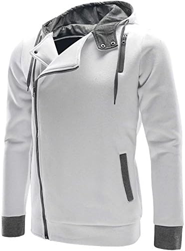 LATUD Men's Long Sleeves Casual Oblique Zipper Hoodie Sweatshirt Jacket White