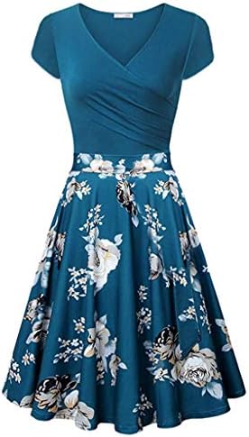 Zainafacai Flare Dress,Women's Deep V Neck Short Sleeve Unique Cross Wrap Casual Flared Midi Dress