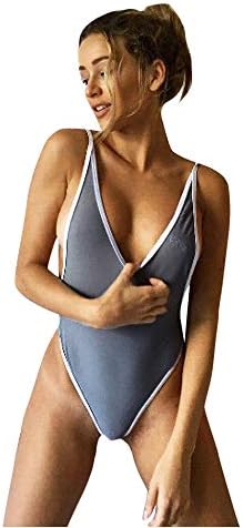 SCHOLIEBEN Tan Through Sexy Long Women Solid V Neck Thong One Piece Bikini Swimsuit Beachwear Swimwear Bathing