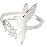 YIQPKUM Dainty Flower Hummingbird Rings Adjustable Band Stainless Steel Animals Jewelry Charms Statement Gifts for Women