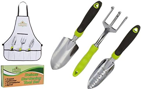 The Relaxed GardenerGarden Tool Set - 3 Heavy Duty Gardening Hand Tools - Trowel, Cultivator, and Transplanter with Bonus Apron - Rust-Proof Gardening Tools Kit Gift for Men and Women