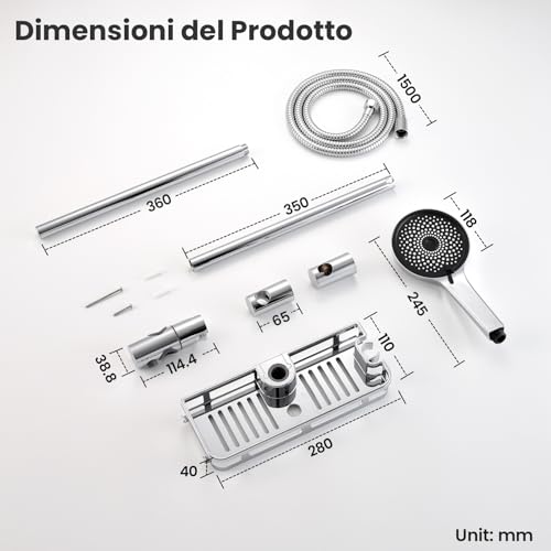 Auralum Shower Rail with 5 Geti Shower Head and Shower Shelf, 70 cm Stainless Steel Shower Rod with Adjustable Shower Holder, Shower Column Without Mixer Adapting to Existing Holes, Chrome