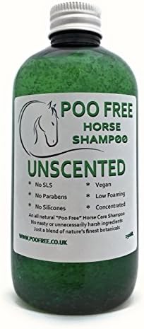 100% Totally Natural SHAMPOO FOR HORSES - UNSCENTED - 250ml - by POO FREE - No SLS, no Parabens, no Chemicals, no Preservatives. A completely natural Cleanser with natural glucosides to cleanse and condition your horse's coat. Low lather, easy rinse formula.