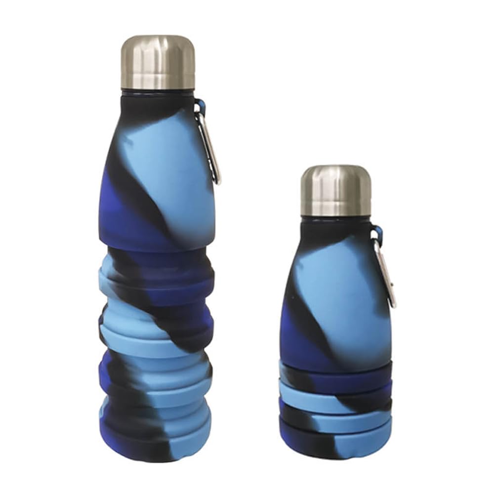 YverLand 550ml Collapsible Conical Water Bottle for Adult with Stainless Steel Stopper Sports Water Bottle for Kids Boys Girls Football Basketball (Blue Black)