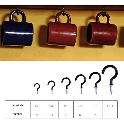 Schraubhaken, Vinyl beschichtet Cup Haken 70 Stück 6 Größen Deckenhaken Set Hakenschrauben für Tassen Haushaltsgegenstände Weiß (Schwarz)