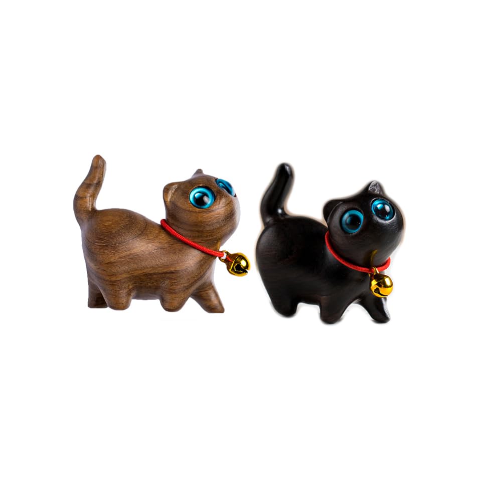 ARFUKA Cute Cat Statue Wooden Mini Cat Ornament Cat Figurines for Home Office Living Room Desk Cabinet Decoration Housewarming Wedding Gift Pack of 2
