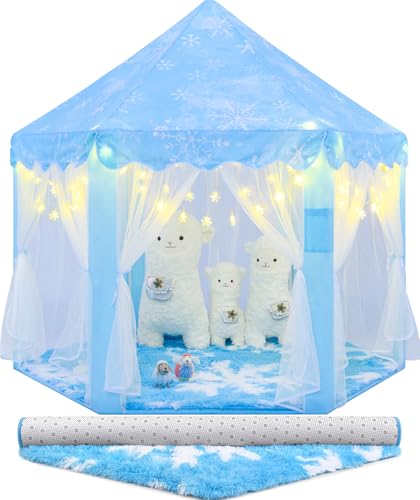 CUBNBUD Frozen Princess Tent with Snowflake Lights and Rug for Girls Age 4-7, Kids Play Tent for Girls Indoor, Princess Castle Playhouse for Toddlers, Blue Frozen Toy 55x53 inch