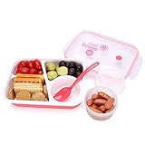 Bento Box Lunch Box 3-compartment 1-bowl (4 in 1) 1- Spoon - Silicone Leakproof Healthy Lunch Boxes for Kids Adults - Food Grade Plastic Containers Crisper - Special Smart Valve Microwave-safe Red