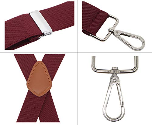 Bioterti Men's Heavy Duty X- Back 1.4 Inch Suspenders with 4 Snap Hooks (Burgundy) - Thumbnail 2