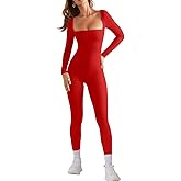 HYZ Women's Fall Long Sleeve Square Neck High Stretchy Fitted Going Out One Piece Jumpsuit