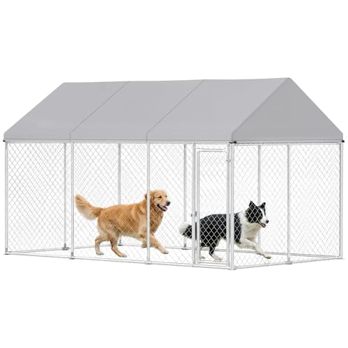 PawHut Large Dog Kennel, 13.1' x 7.5' x 7.8' Walk-in Heavy-Duty | Galvanized Steel Dog Run Chain Link, Safety Latch, Waterproof UV-Resistant Cover, Backyard Farm, Outdoor