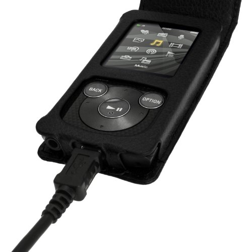 iGadgitz Black Leather Case for Sony Walkman NWZ-E384 with Detachable Carabiner + Screen Protector