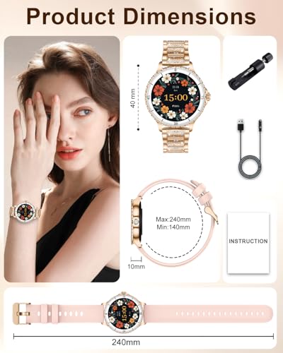 Women's Smart Watch with Calls, 1.27'' Smartwatch Woman with Diamond Strap, Compatible with Android/iOS, IP68 Waterproof Smart Watch Round with 120+ Sports SpO2 Sleep Pedometer, Rose Gold