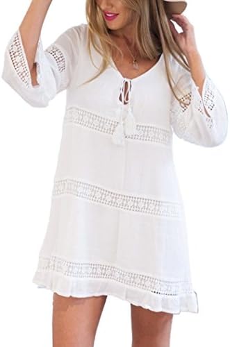 YIHUAN Women's Sexy Beach Cover Up 3/4 Sleeve Loose Casual Mini Dress