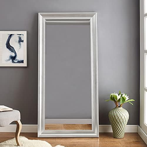 Naomi Home Beaded Framed Leaner Huge Floor Mirror Silver Floor Mirror Full Length XL Mirror Huge