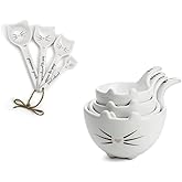 White Cat Measuring Cups & Spoons Gift Set – Ceramic Kitchen Tools for Cat Lovers & Bakers – 4 Measuring Cups and 4 Measuring