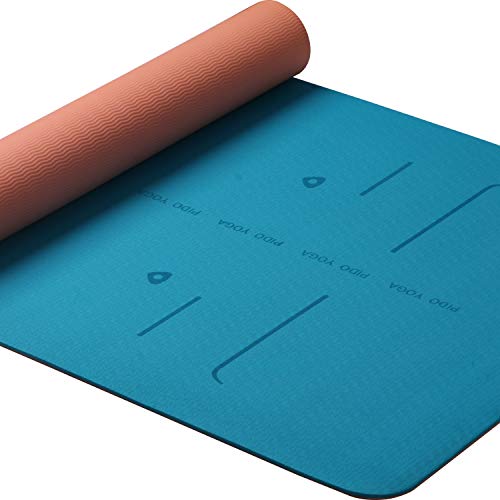 WWWW Pido TPE Yoga Mat SGS Certified Non Slip Exercise Mat with Carry Bag and Strap Body Alignment System,Tear Resistant,72″x26″ Thichness 1/4″ for Yoga Pilates(Lake Blue + Orange)