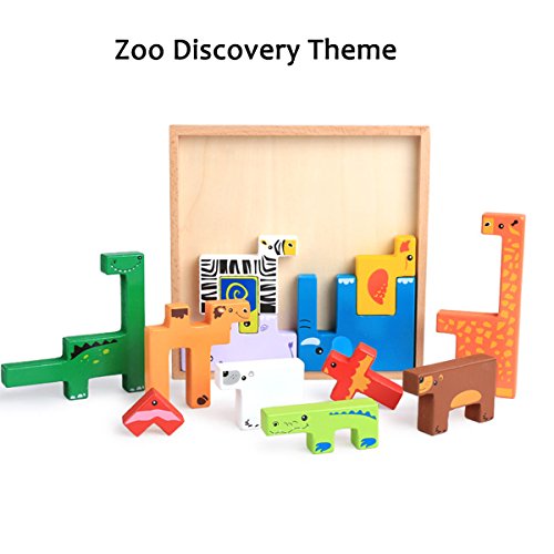 Wondertoys 13 Pieces Wooden Animal Blocks with Book Guide Stacking Game Educational Toys for Children Baby