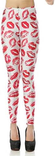 MONICAR Ladies Red Lip Prints Printed High Waist Skinny Leggings (White)