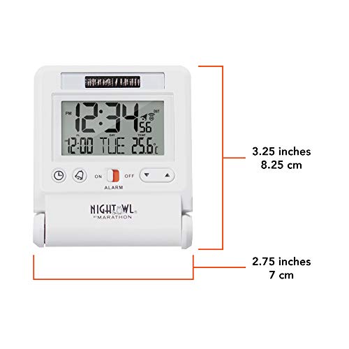 MARATHON Atomic Travel Alarm Clock with Auto Night Light Feature, Batteries Included (White