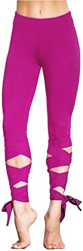 ELLEFAN Women Leggings Cutout Tie Cuff Slim Yoga Pants Jogger Workout Capris String-End Fuschia
