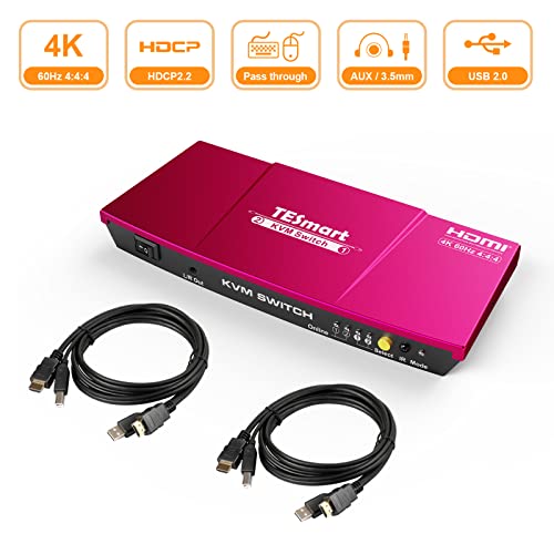 TESmart HDMI KVM Switch 2 Port 4K60Hz, KVM Switch 1 Monitor 2 Computers EDID Emulators, USB 2.0