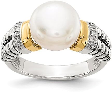 Shey Couture 925 Sterling Silver Polished Prong Set Open Back Antique Finish with 14k Diamond and Freshwater Cultured Pearl Ring - Ring Size Options Range: L to P