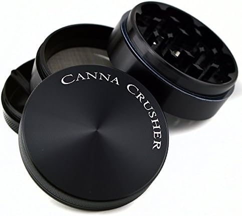 Canna Crusher Grinders - 2.5 Inch Herb Grinder - 4 piece Titanium Series - Pollen Catcher, Kief Scraper, Travel Pouch and Gift Box Included - Lifetime Warranty - (Black, Large)