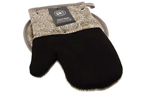 Gourmet Club Oven Mitt & Potholder Set w/Neoprene for Easy Gripping, Heat Resistant up to 500 degrees F, Floral Damask Cobblestone