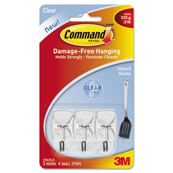 3M Clear Hooks & Strips, Plastic/Wire, Small, 3 Hooks w/ 4 Adhesive Strips per Pack