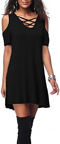 Sunfury Black Short Sleeve Loose Tunic Top Sexy V-neck Swing Dress with Pocket S