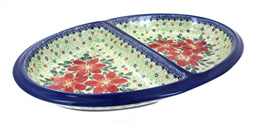 Click Here to See More Images Blue Rose Polish Pottery Poinsettia Large Divided Dish