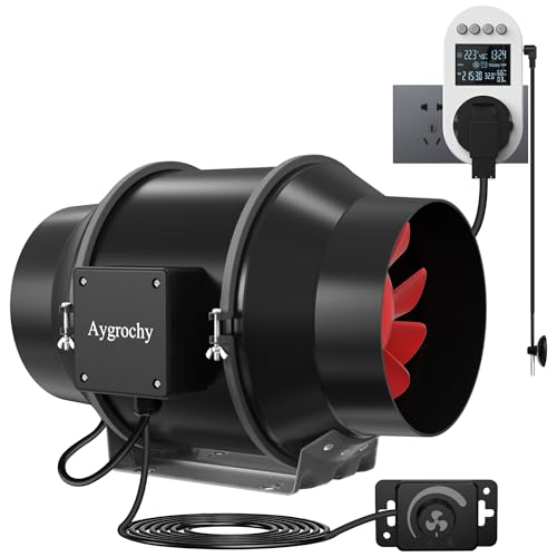 Aygrochy Adjustable Extractor Fan 125 mm, Extraction Fan 416 m³/h, Socket with Timer, Delay and Temperature and Humidity Sensor, for Growing Tents, Ventilation | Socket with timer, time and temperature and humidity sensors für Hydrokulturen,Belüftung.