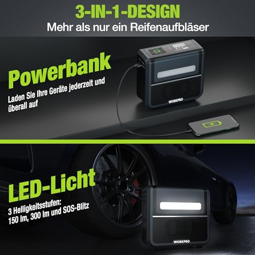 Kabellose Elektrische Luftpumpe 3-in-1 mit LED-Licht, Powerbank, Akku Kompressor mit Display & Abschaltautomatik, für Auto, Fahrrad, Motorrad, Bälle – USB & 12V Ladeoption
