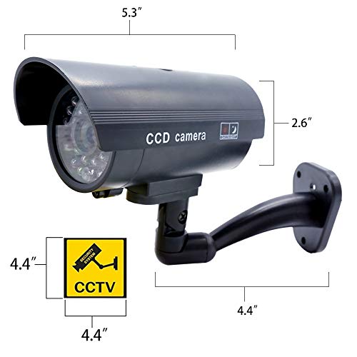 Dummy Security Camera Bullet Fake CCTV Outdoor Indoor Imitation Wall and Dome Surveillance with Flashing Blinking LED, Warning Sticker, 4 Packs, Black
