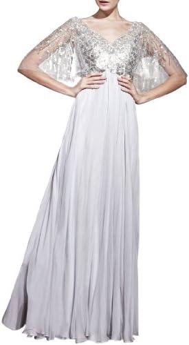 Chiffon A-Line Special Occasion V-Neck Short Sleeves Long Mother Of The Bride Dress, Color Pewter,18W