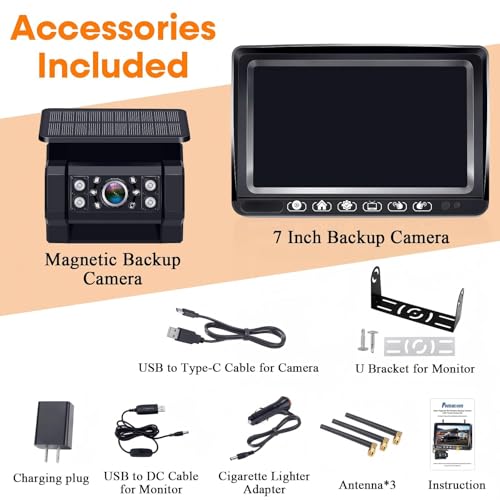 Wireless RV Backup Camera Install-Free for Trailer: 7 Inch Recording Monitor Solar RV Rear View Camera Long Battery Life Scratch-Proof - Strong Magnetic RV Camera HD 1080P for RVs Trucks Campers
