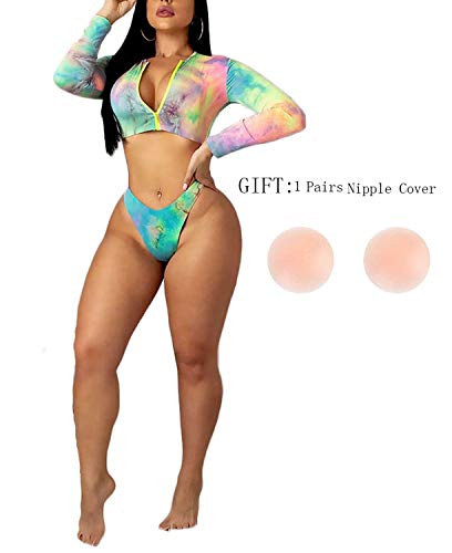 KXYKZM Rash Guard Long Sleeve Swimsuit for Women, 2 Pieces Sexy High Waisted Triangle Bikini Bathing Suits, 3D Print Tankini Swimwear (A-Multicolor, XXL (US 16-18))