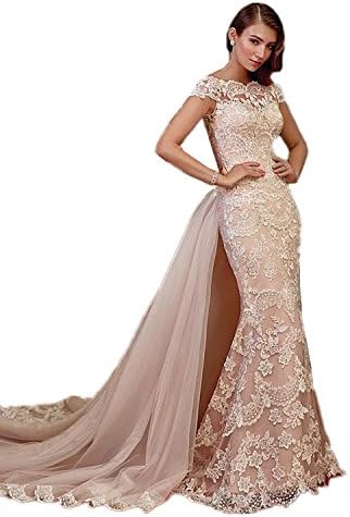 XSWPL Womens 2018 New Arrival Long Mermaid Wedding Dresses for Brides with Tulle Train Champagne US20
