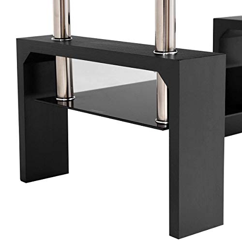 Merax Black Highlight Glass Top Cocktail Coffee Table with Wooden Legs