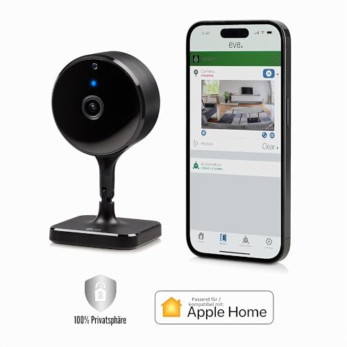 Eve Cam - Smart Indoor Camera, 1080p Resolution, WiFi, 100% Privacy, HomeKit Secure Video, Message on iPhone, Microphone and Speaker, Night Vision, Flexible Installation